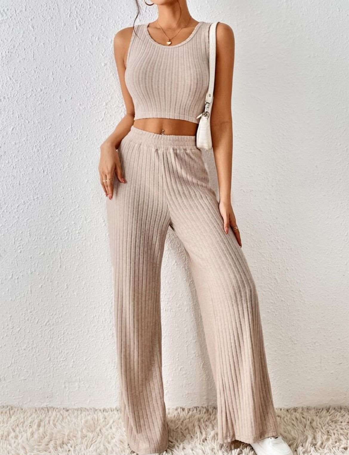 Women's Casual Knitted Top and High Waist Pants Two-piece Outfit Set