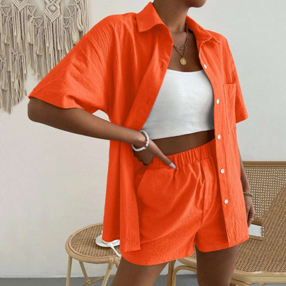 Women's Casual Shorts and Shirt Outfit Set in Solid Color
