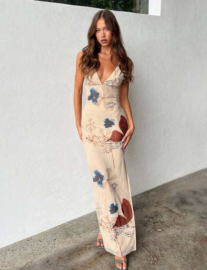 Enges, rückenfreies Kleid mit V-Ausschnitt und Schmetterlings-Print für Damen