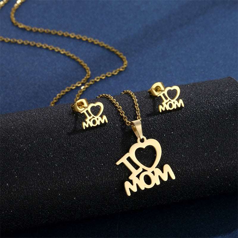 Women's Mother's Day Stainless Steel I Love Mom Heart Pendant Necklace and Earrings Jewelry Set