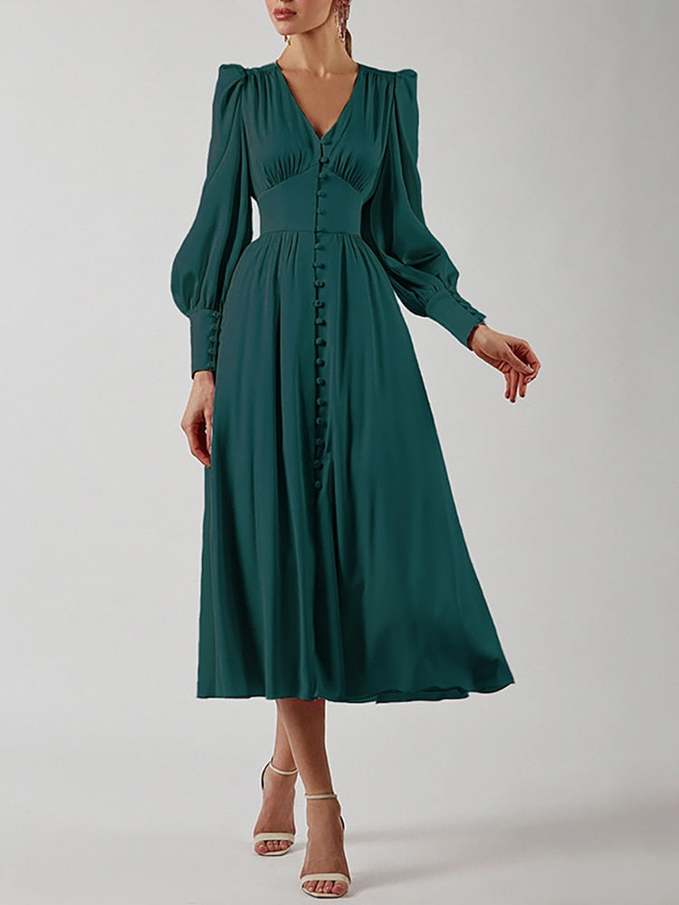 Women's Elegant Long Dress | Single Breasted High Waist Satin Long Dress
