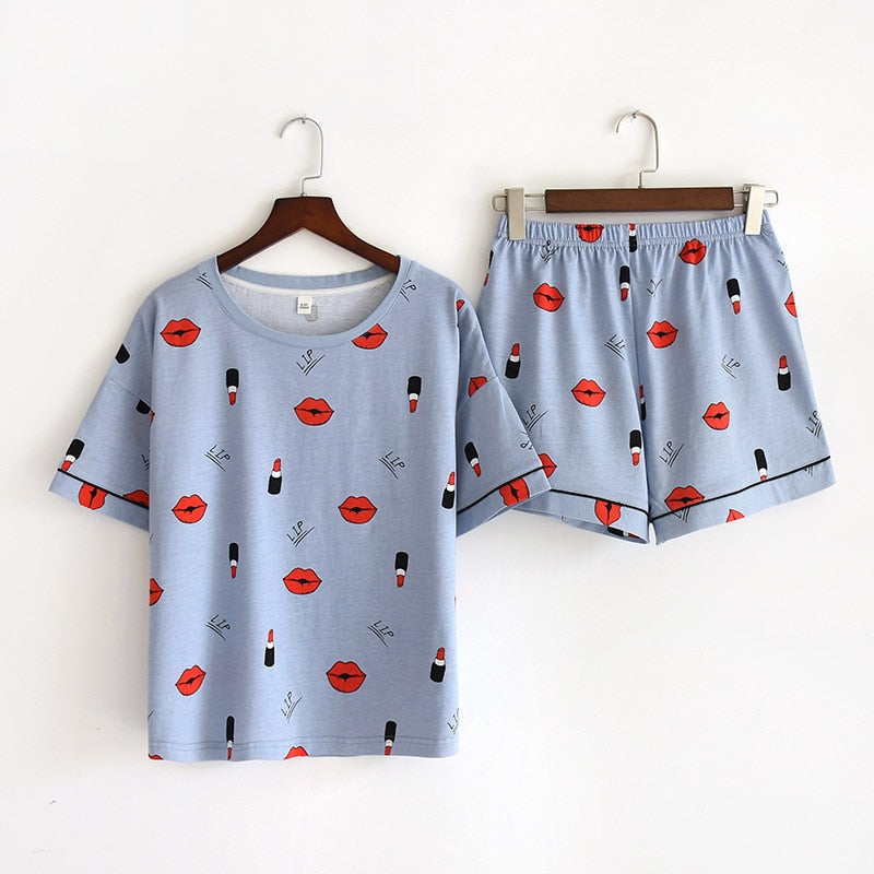 Women's Cotton Short Sleeved Shirt and Shorts Two-Piece Pajamas Set