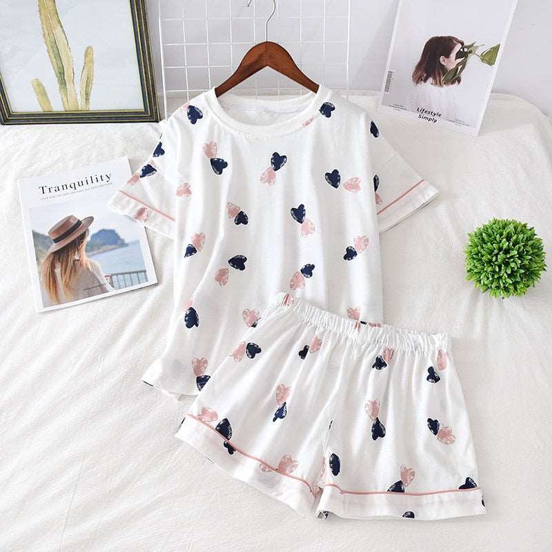 Women's Cotton Short Sleeved Shirt and Shorts Two-Piece Pajamas Set