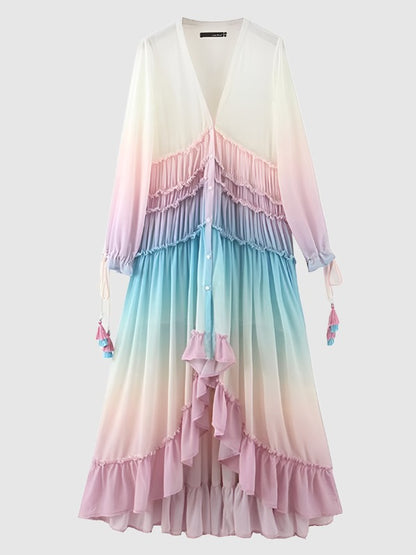 Women's Boho Gradient Rainbow Color Long Dress | Single-breasted Button Long Sleeve Ruffles Dress