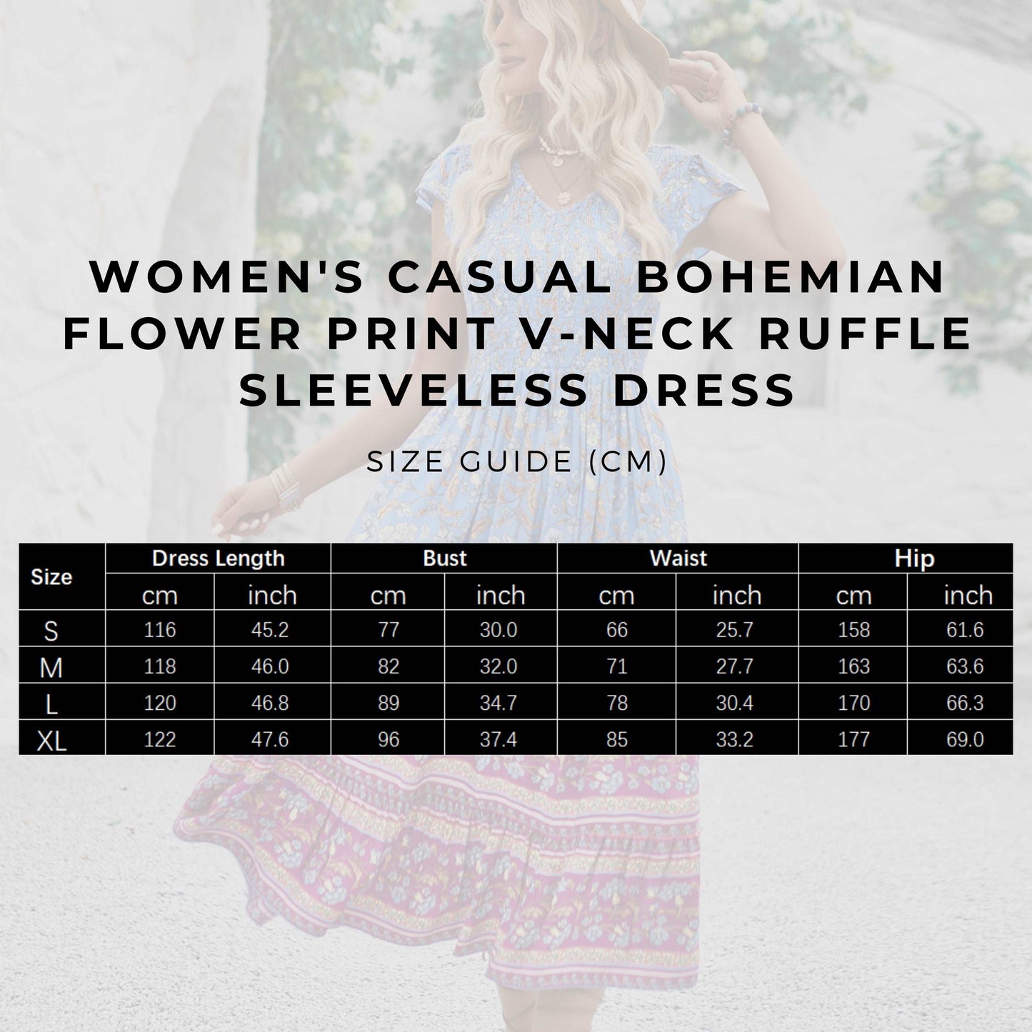 Women's Casual Bohemian Flower Print V-neck Ruffle Sleeveless Dress