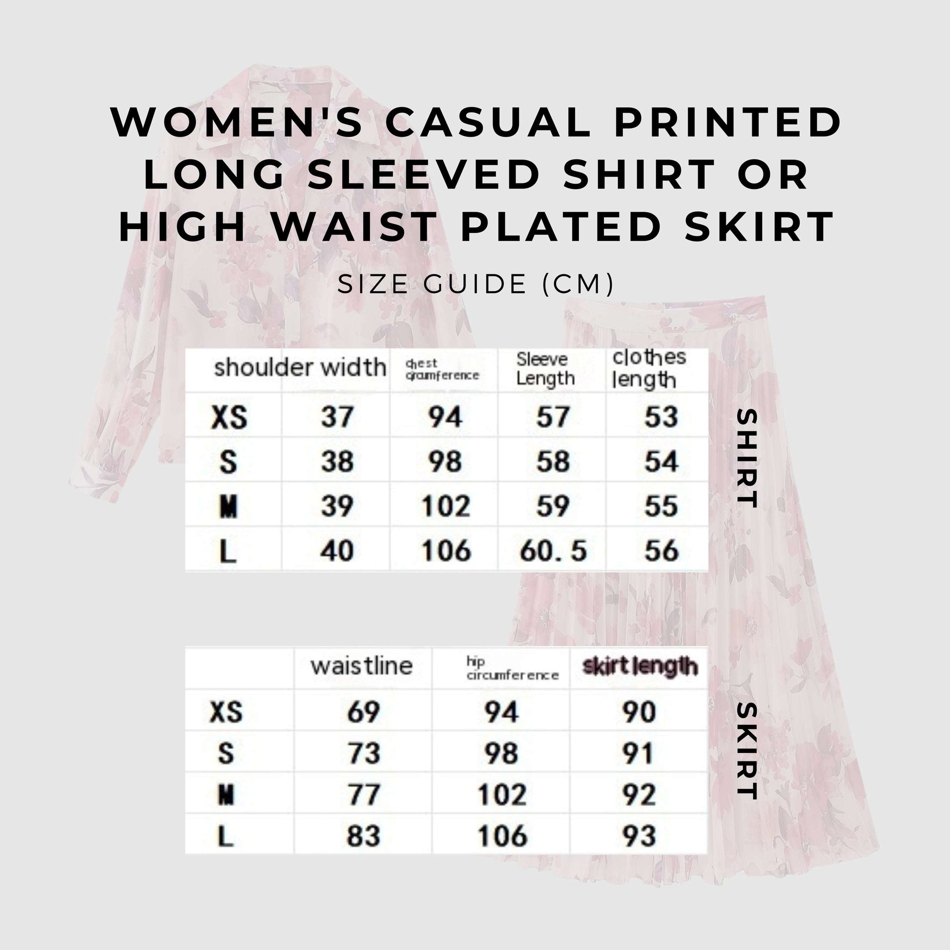Women's Casual Printed Long Sleeved Shirt or High Waist Plated Skirt (NOT A SET)