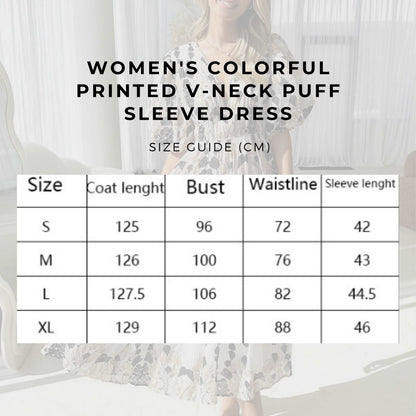 Women's Colorful Printed V-neck Puff Sleeve Dress