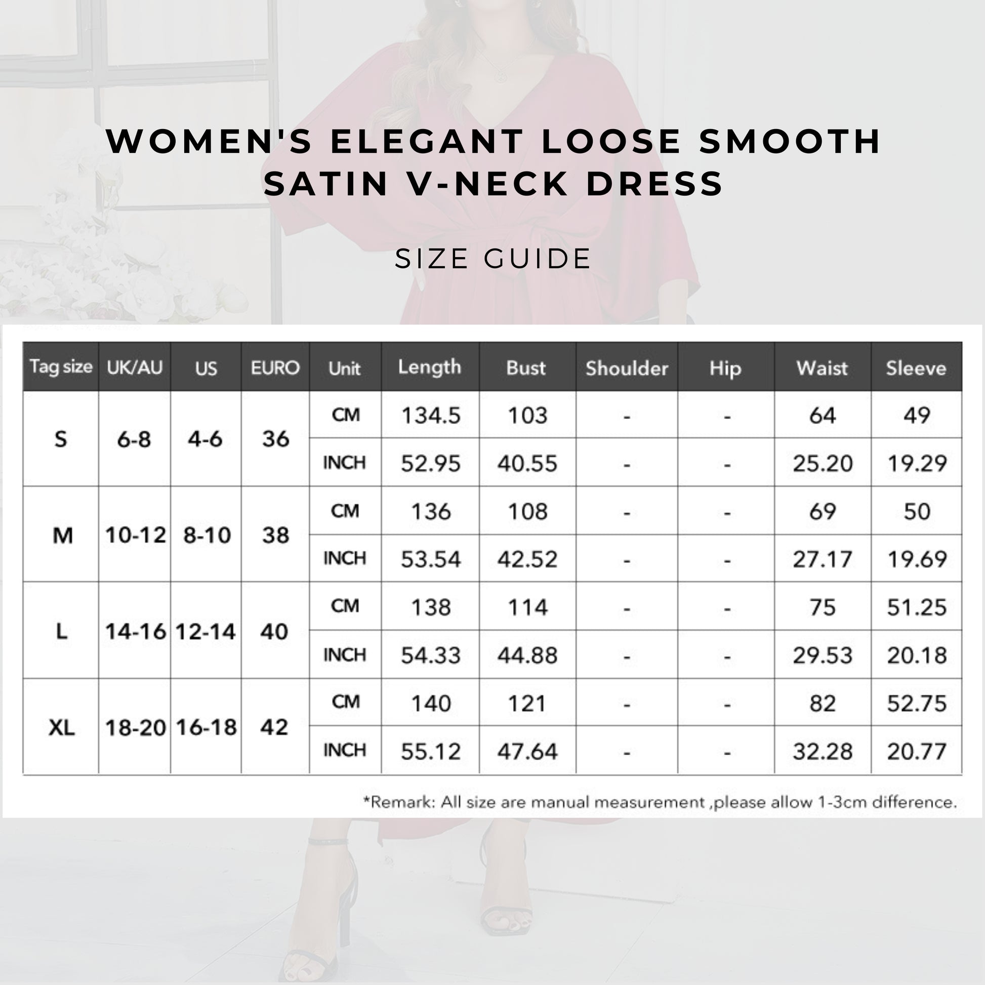 Women's Elegant Loose Smooth Satin V-neck Dress size