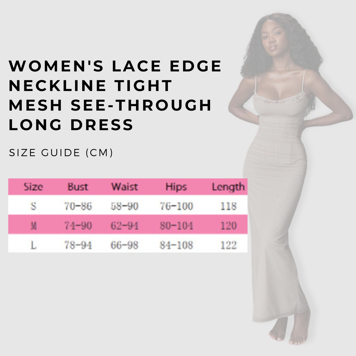 Women's Lace Edge Neckline Tight Mesh See-through Long Dress