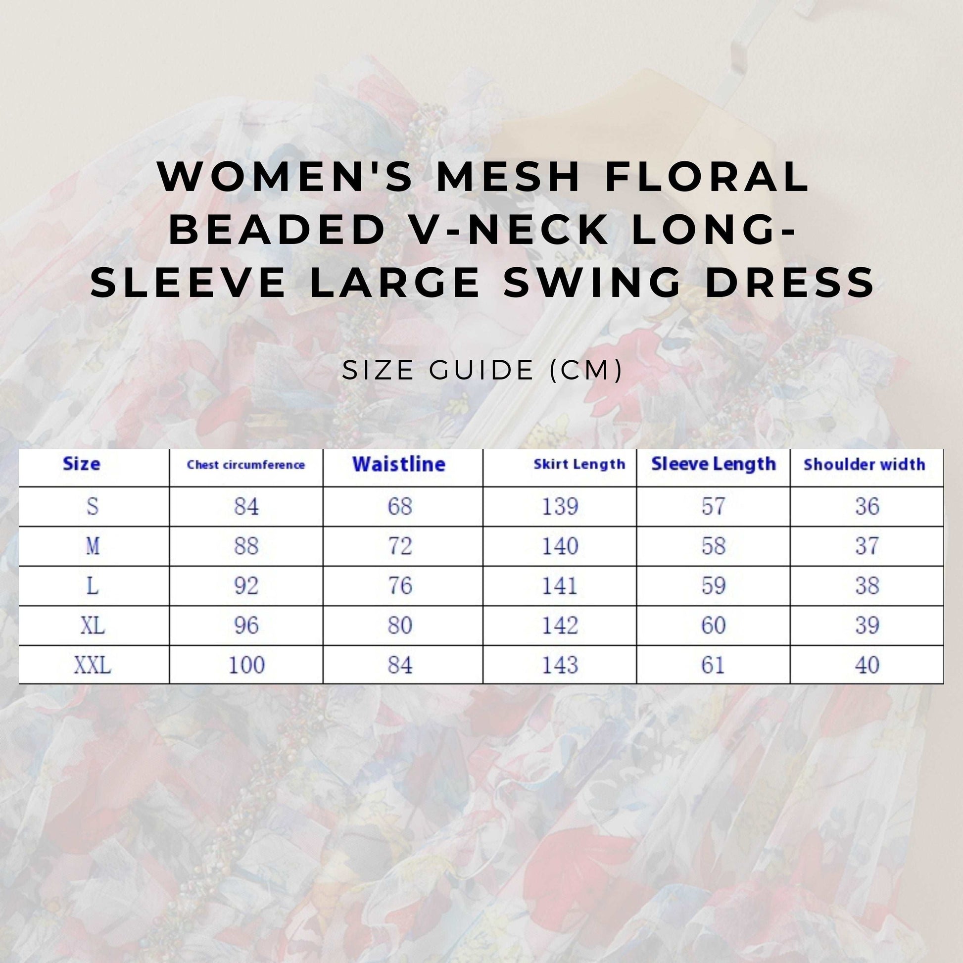 Women's Mesh Floral Beaded V-neck Long-sleeve Large Swing Dress