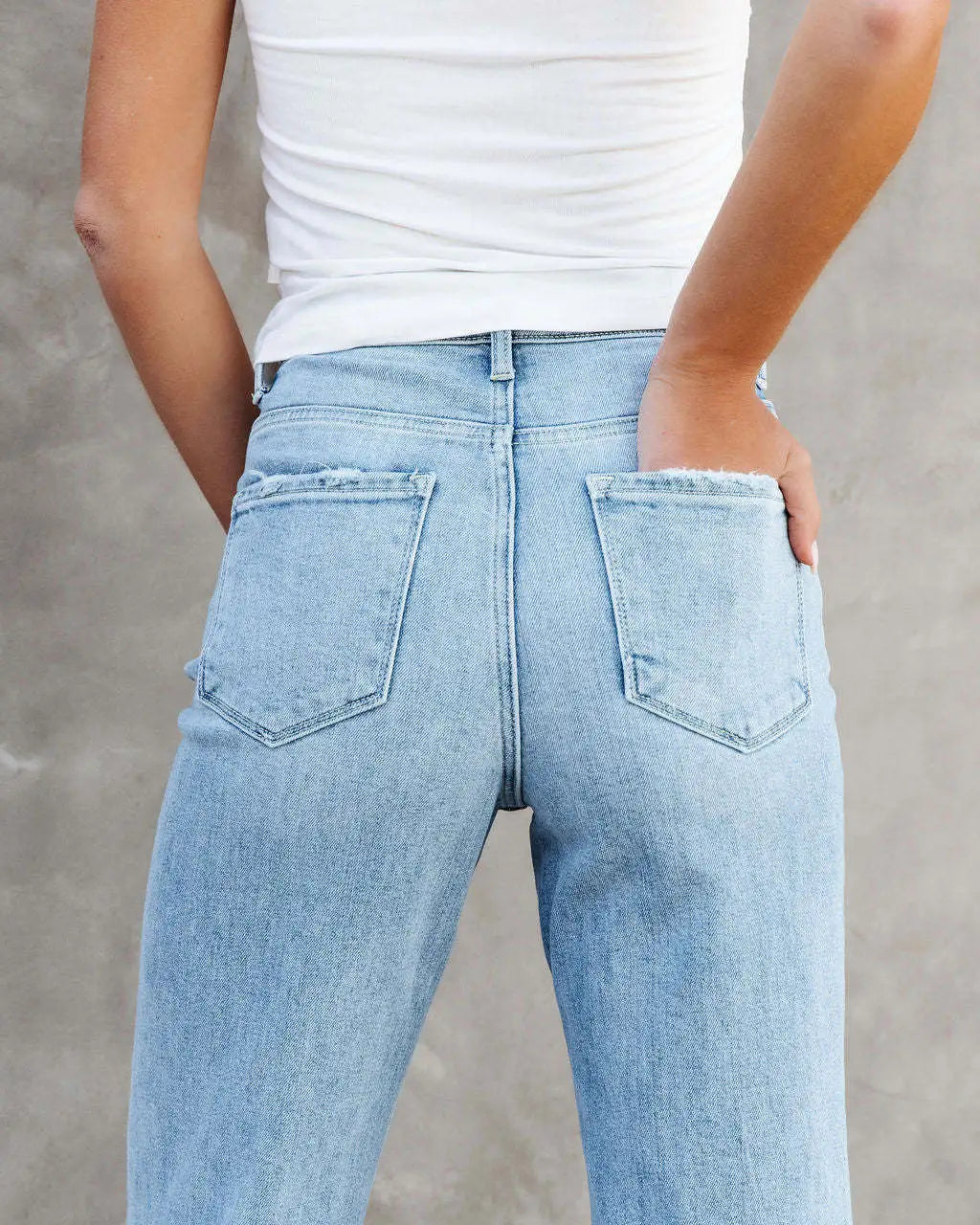 Women's Mid-waist Washed Denim Straight-leg Pants