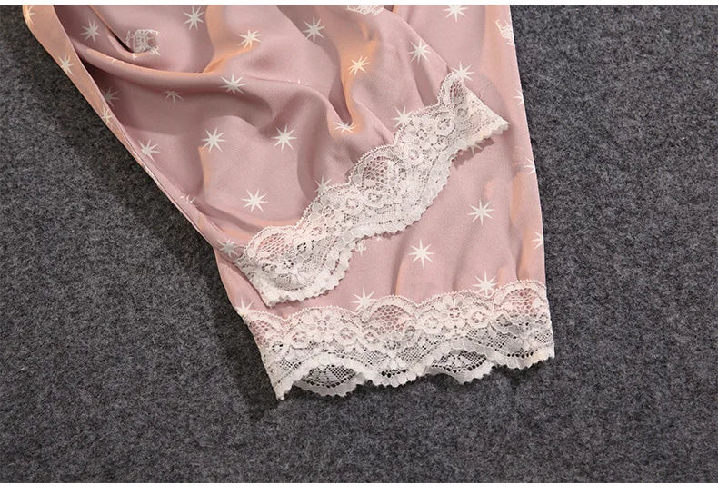 Women's Thin Ice Silk Satin and Lace Two-piece Pajamas Set