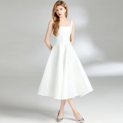 Women's White Waist Sliming Strap Dress