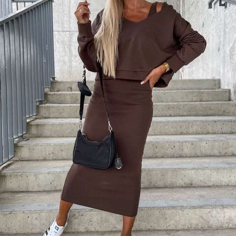 Women's Casual Tight Dress with Cropped Hoodie Two-piece Outfit Set