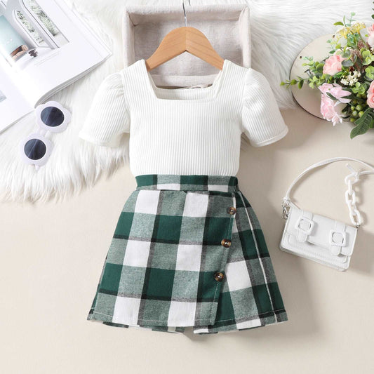 Baby Girl Short Sleeved Top and Irregular Plaid Short Pantskirt Outfit Set