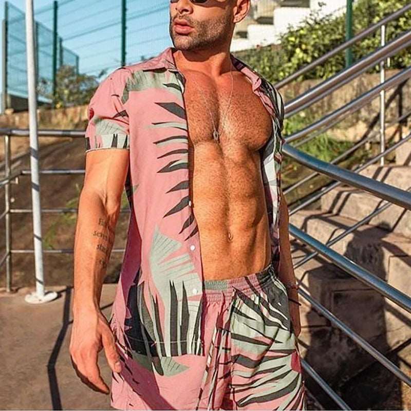 Men's All-matching Short Sleeved Shirt and Shorts Beach Outfit Set