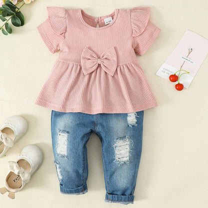 Baby Girl Round Neck Short Sleeved Top and Denim Pants Two-piece Outfit Set