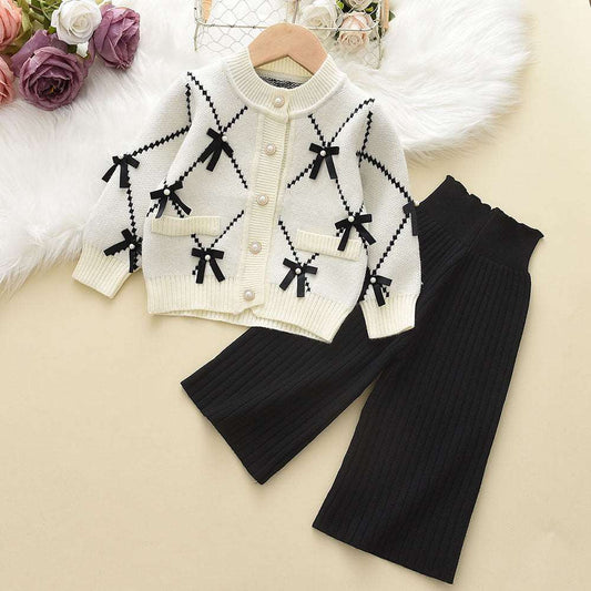 Baby Girl Wool Knitted Bowknot Sweater Cardigan and Wide-leg Pants Two-piece Outfit Set