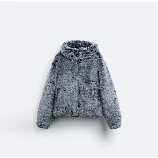 Women's Hooded Imitation Fur Solid Color Long Sleeved Zipper Short Jacket