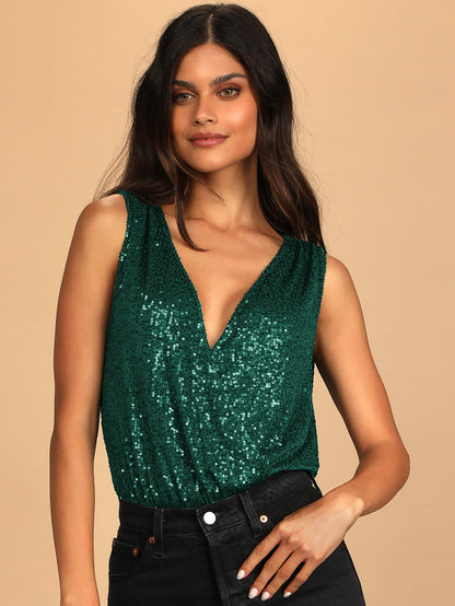 Women's Glitter Sequin Sleeveless Low Cut V-Neck Bodysuit green