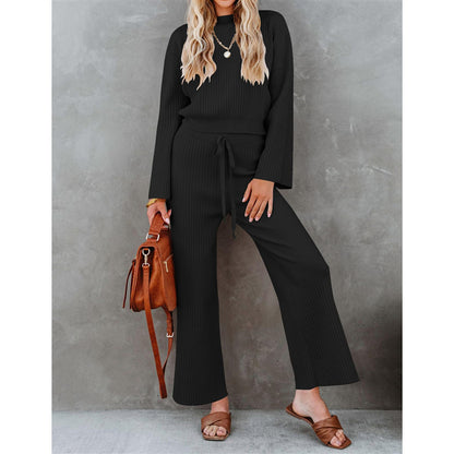 Women's Round Neck Top and Loose Casual Pants Two-piece Outfit Set