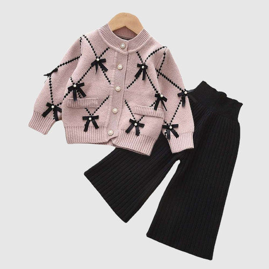 Baby Girl Wool Knitted Bowknot Sweater Cardigan and Wide-leg Pants Two-piece Outfit Set