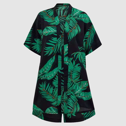 Women's Casual Leaves Print Short Sleeved Shirt And Shorts Outfit Set