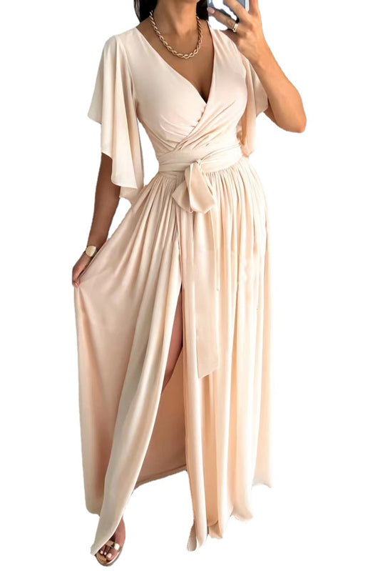 Einfarbiges, lockeres, langes Kleid mit Glockenärmeln und V-Ausschnitt für Damen