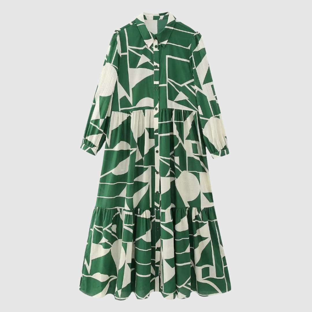 Women's Long Sleeved Green Printed Shirt Dress