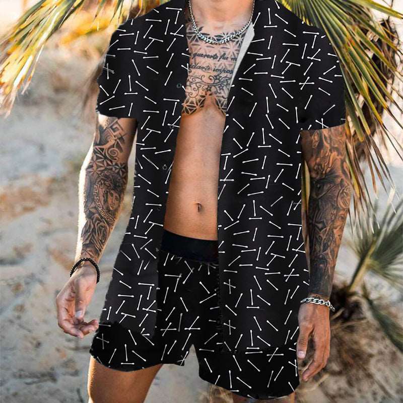 Men's All-matching Short Sleeved Shirt and Shorts Beach Outfit Set