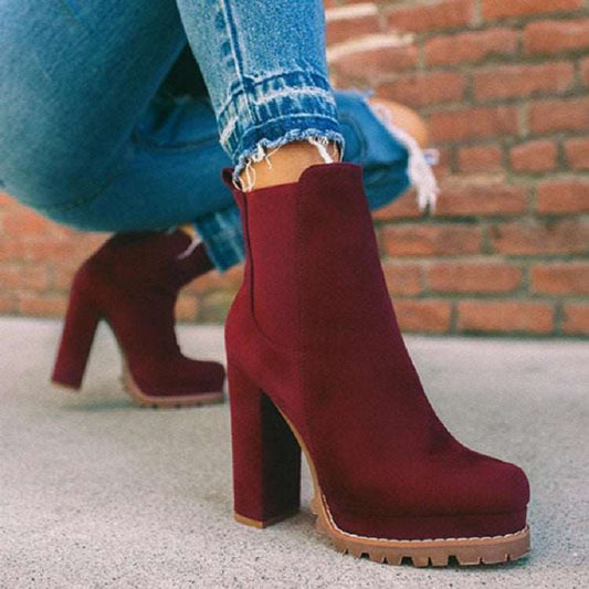 Women's Casual Round-toe Thick Square High Heel Suede Ankle Boots