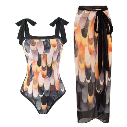 Women's Retro One-piece Swimsuit and Cover-up Scarf Set