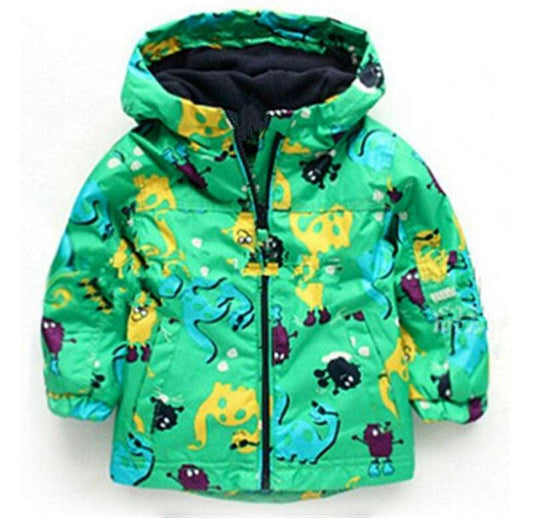 Boy's Cute Dinosaur Windproof And Rainproof Hooded Jacket