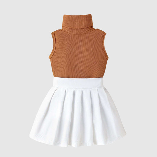 Baby Girl Stripe Turtleneck Sleeveless Jumper and Pleated Skirt Outfit Set