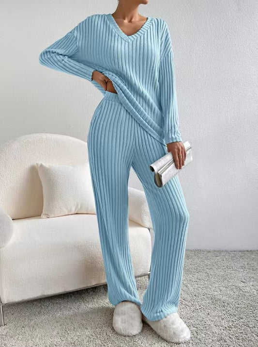 Women's Knitted Straight Leg Pants and Loose V-neck Shirt Two-Piece Outfit Set