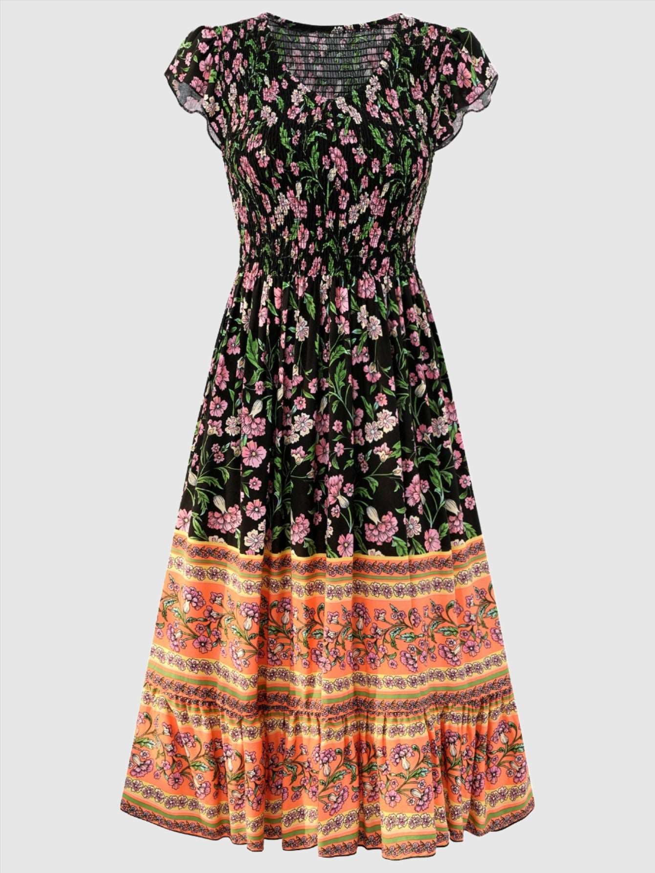Women's Casual Bohemian Flower Print V-neck Ruffle Sleeveless Dress