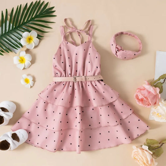 Baby Girl Strap Polka Dot Solid Color Dress and Headband