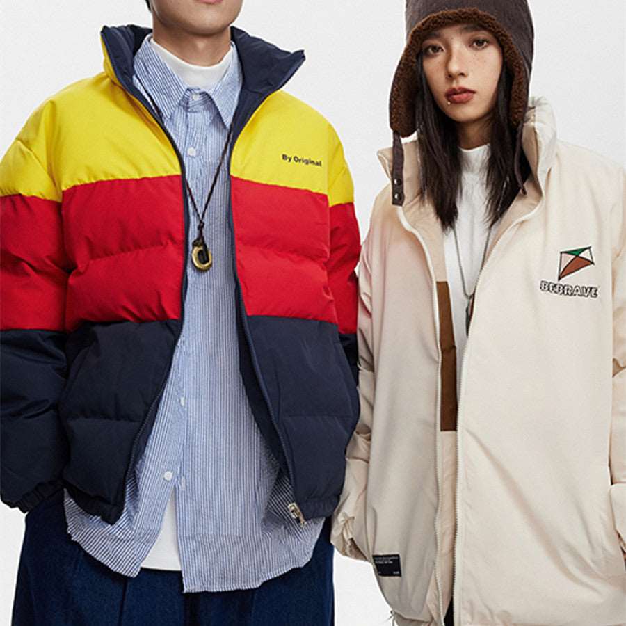Unisex Couples Contrast Color Embroidered Stand Collar Coat